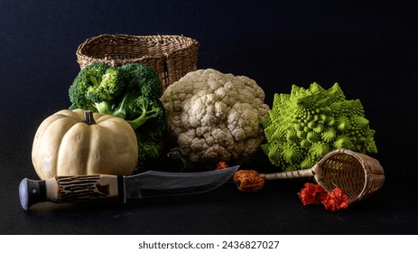 still life photo with photo of cauliflower, different colors and varieties of cauliflower, photo