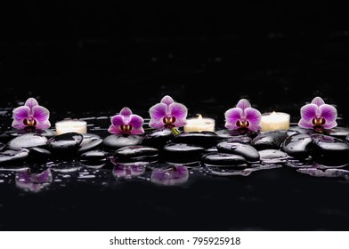 still life with pink orchid and white candle on black stones 
