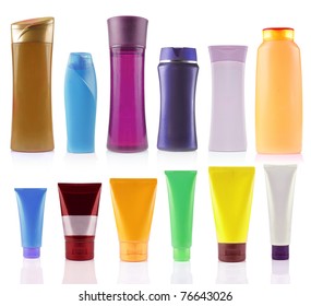 still life portrait of a group of product packaging. isolated over white