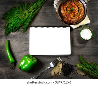 Still Life with sausage and peppers notepad - Shutterstock ID 324971276