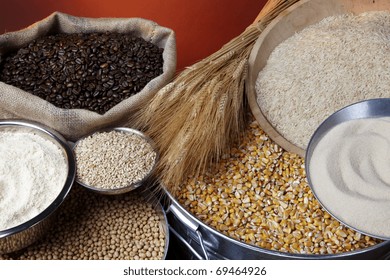 Still Life Shot Of Agricultural Commodities Including Various Grains And Beans