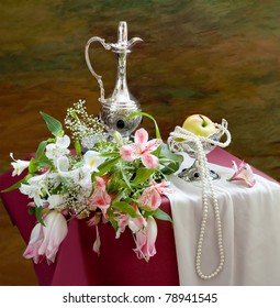 Still Life With Silver Jug, Huge Bunch Of Flowers, Apple And Pearl Necklace