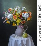 Still life with summer bouquet and pear