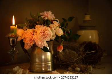 Still Life In Tradition Of Golden Age Of Dutch Painting With Roses, Candle And Bird Nests. 