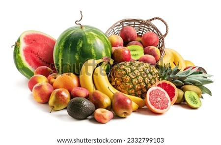 Still life of tropical fruits. Pineapple, watermelon, pears, apples, peaches, grapefruit, kiwi, pears, avocados on a white background. Isolate