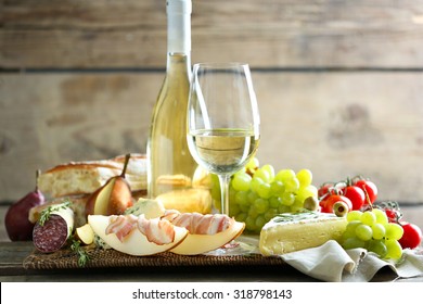 Still Life With Various Types Of Italian Food And Wine