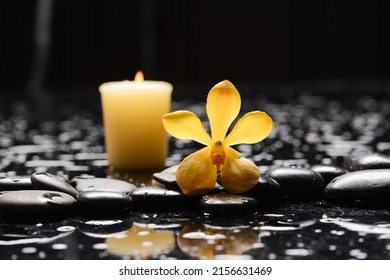 Still life of with 
Yellow orchid , candle and zen black stones on wet background,
