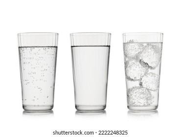 Still and sparkling mineral water with bubbles and ice on white. For active and healthy lifestyle. - Shutterstock ID 2222248325
