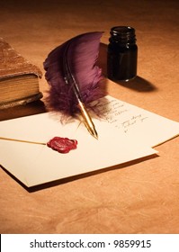 Still-life with a letter, a quill , an inkwell and a dairy