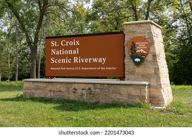STILLWATER, MN, USA - SEPTEMBER 10, 2022: St. Croix National Scenic Riverway Sign Along St. Croix River.