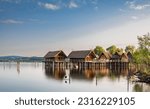 Stilt houses (Pfahlbauten), Stone and Bronze age dwellings in Unteruhldingen town, Lake Constance (Bodensee), Baden-Wurttemberg state, Germany.