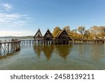 Stilt houses (Pfahlbauten), Stone and Bronze age dwellings in Unteruhldingen town, Lake Constance (Bodensee), Baden-Wurttemberg state, Germany