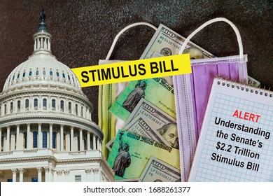 STIMULUS CHECKS Washington DC Capitol Dome With Global Pandemic Covid 19 Lockdown Coronavirus Stimulus Package Relief Checks From Government US 100 Dollar Bills Currency