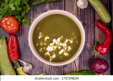 Stinging Nettle Soup, Green Borscht With Nettle Of Spring On A Wooden Table, Top View