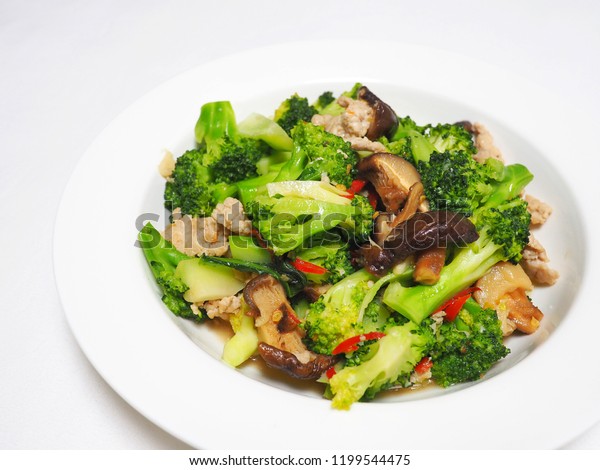 Stir Fried Broccoli Pork Mushroom Isolated Stock Photo 1199544475 ...