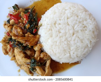 stir fried chicken with basil and rice. popular local street food rice menu in Thailand.