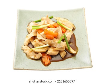 Stir fried chicken with oyster sauce and mushroom, carrot, spring onion. Top view. isolated on white background
