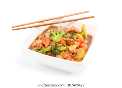 Stir Fried Chicken With Vegetable Isolated On White