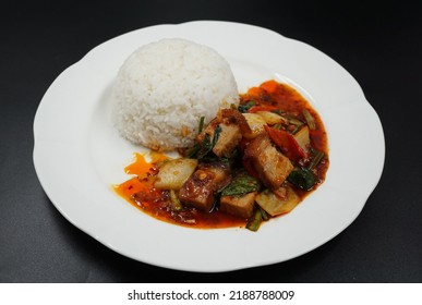 Stir Fried Crispy Pork With Chili Paste On Rice Thai Food