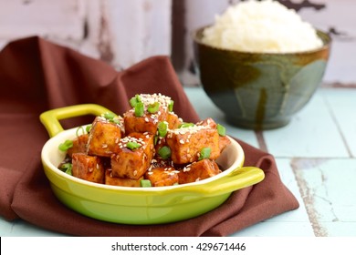 Stir Fried Diced Tofu With Soy Sauce, Sesame Seeds And Chives