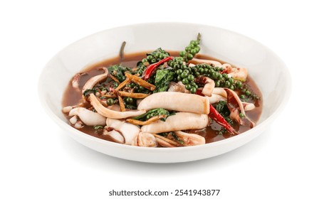 Stir fried holy basil with octopus or squid and herb - Asian food style, Spicy seafood stir fried with Thai herb isolated on white background with clipping path, thai food. - Powered by Shutterstock