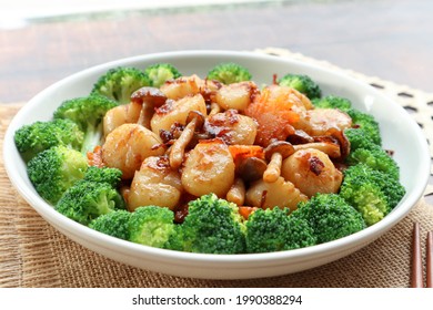 Stir fried Scallops in  XO sauce of a white plate garnished with broccoli - close up view Chinese food on wood table
