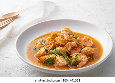 Stir fried shrimp with basil on white plate,thai spicy food - Shutterstock ID 1854741511