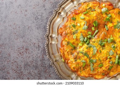 Stir Fried Veggie Omelet With Mix Vegetables. Indian Nepali Style Masala Omelette Close Up In The Plate On The Table. Horizontal Top View From Above
