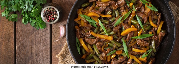 Stir Fry Of Beef And Sweet Pepper. Asian Cuisine. Top View, Overhead