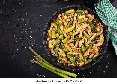 Stir fry with chicken and asparagus. Chicken stirfry.  Chinese food. Top view, above