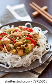 Stir Fry Chicken With Vegetables And Rice Noodles