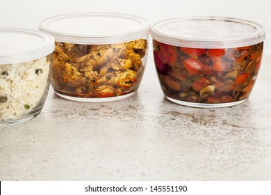 Stir Fry Dinner Meal Or Leftovers Stored In Glass Containers