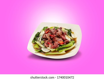 Stir-fried Beef Mustard Greens. Mustard And Meat Cooked By Sauteed With Herbs And Chili Slices. Isolated In Food Preparation.