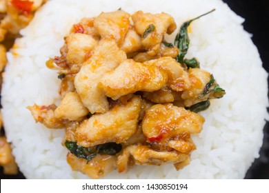 Stir-Fried Chicken And Holy Basil On Rice Or Thai Food Recipe Flatlay Center Frame. Stir-Fried Chicken And Holy Basil With White Rice On Black Dish