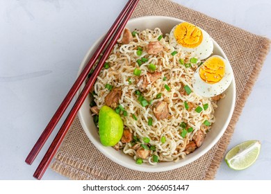 Stir-Fried Chicken Noodles, Chicken Chowmein, Asian Food Top Down Photo