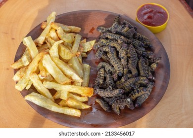 Stir-Fried Edible Insects of the Species Cirina Forda with French Fries, and Ketchup: A Dish Found in Some Countries