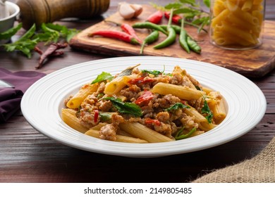 Stir-Fried Minced pork and Basil with Penne rigate pasta,Pad Kra Pao,Thai fusion food