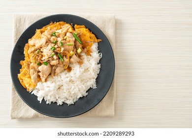 Stir-fried Pork With Garlic And Egg Topped On Rice - Asian Food Style