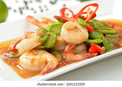 Stir-fried Prawn and Stink Bean with Shrimp Paste. - Shutterstock ID 2241213329