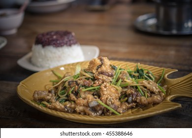 Stir-fried Snapper Fish With Chinese Celery In White Dish (Thai Food)