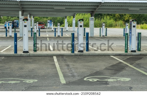 Stirling, Scotland - 26th July 2021: Invest in\
Stirling, Electric Vehicle Charging points at the Stirlingshire\
Council Park and Ride car\
park