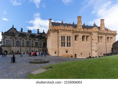 Stirling , Scotland - May 26 , 2019 : The Great Hall And East Façade Of The Royal Palace With Renaissance-period Statues In Stirling Castle 