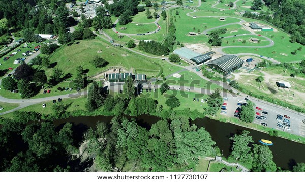 Stirling, Scotland, UK; 18th June
2018: Low level aerial image over Blair Drummond Safari
Park.