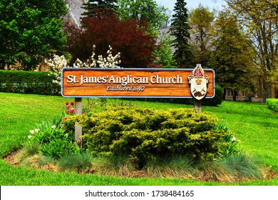 St.James Angelical Church Established 1840, Woody Sign On The Grass In Strantford, Ontario, Canada, May 22, 2020.