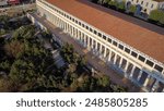 Stoa of Attalus, a completely renovated structure of Greek civilization, in the Agora in Athens. It attracts tourists for its Agora museum and the wonder of classical Greek art. Aerial view Agora park