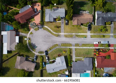 Stock aerial image of a residential neighborhood cul-de-sac 