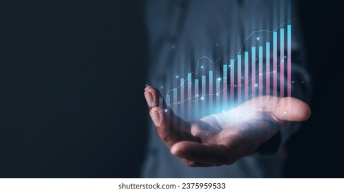 stock, bar, chart, diagram, finance, graph, growth, market, economy, financial. close up to hand, hold the bar chart of investment and their diagram is direct variation. then gentle growth up. - Shutterstock ID 2375959533