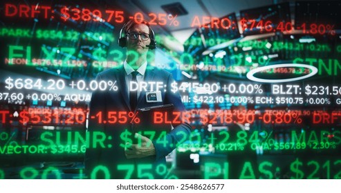 Stock Broker Analyses Holographic Running Ticker Line, Displaying Dynamic Stock Data Trading Floor. Illustration Content Financial Analytics and Market Information. Green Overlay AI Fintech Numbers