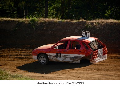 Stock Car - Fun Car - Race Of The Old Wrecked Cars. Racing In The Open Air With Dust