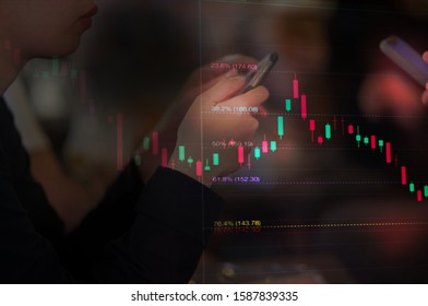 Stock Chart Fibonacci With People Concept, Asian Woman Using Digital Smartphone For Stock Trading, Business Woman And Graph Analysis Concept